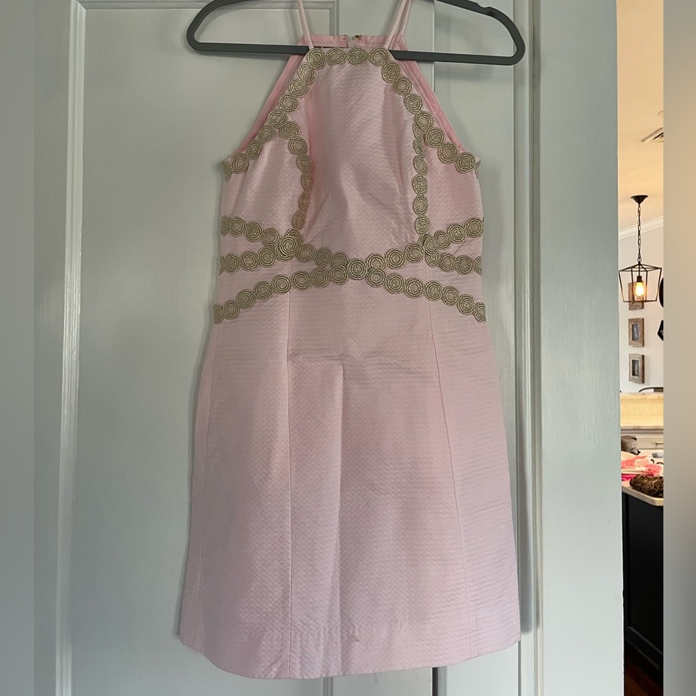 Lily Pulitzer dress with gold braiding. Worn once! Pale pink. Size 0.